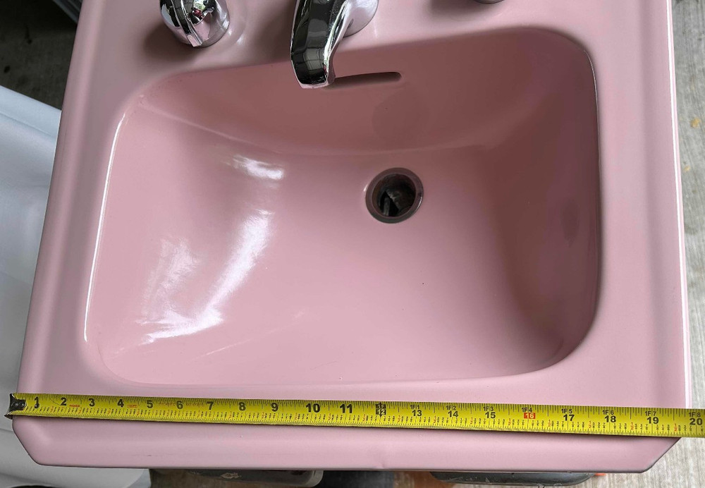 1954 Crane Pink Bathroom Sink - Drop-In - Atomic Chrome Knobs - Square Corners!