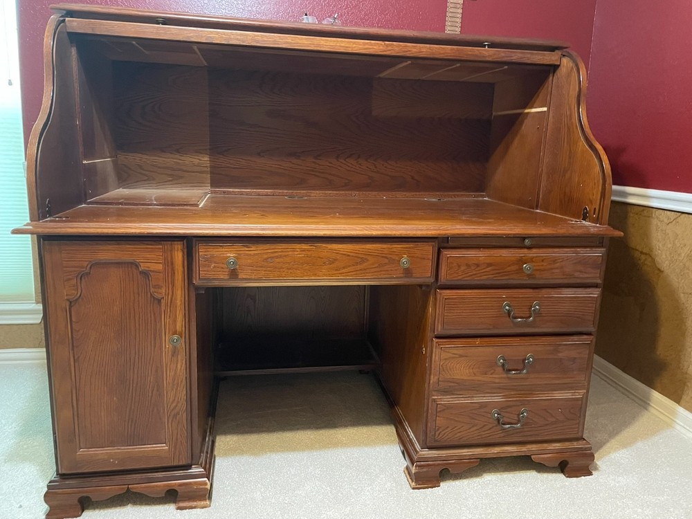 Riverside Oak Roll Top Desk with computer compartment.