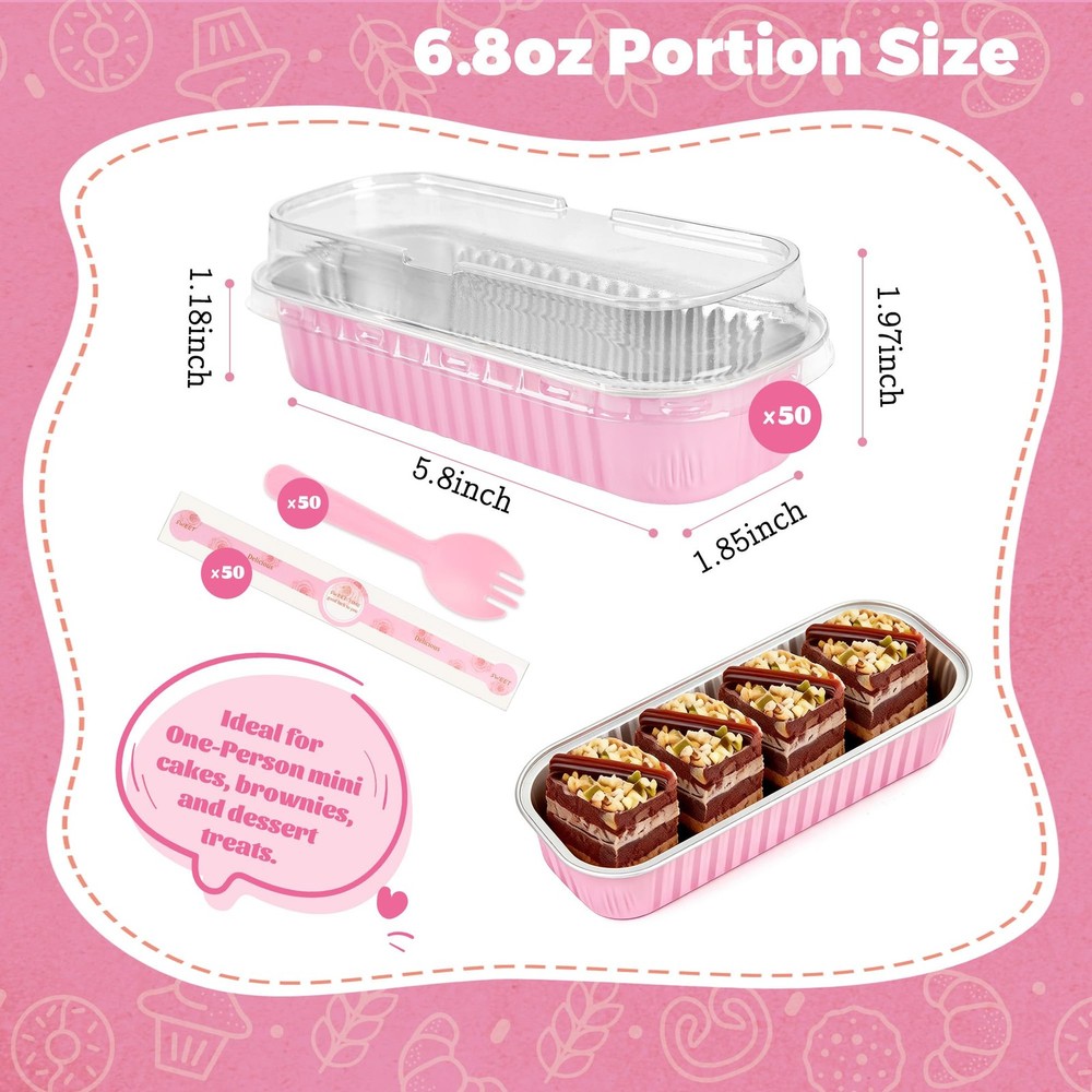 50 PACK Mini Cake Pans with Lids and Spoons,Rectangular Aluminum Foil Bread P...