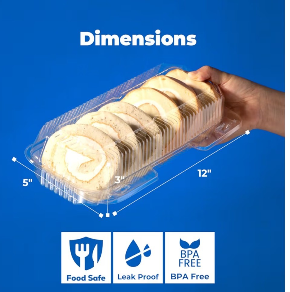 12" x 5" x 3" Clear Hinged Plastic Containers, Clamshell Take Out Containers