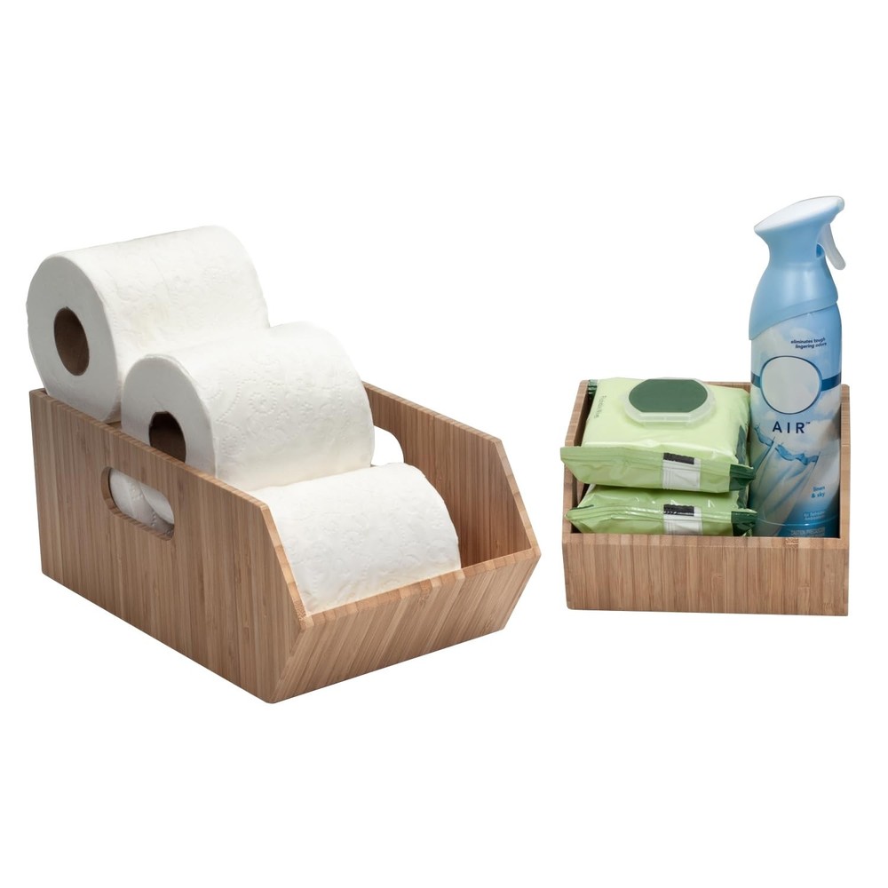 Bamboo Storage Bins for Bathroom Cabinet Organizer, 2 PC Stackable Set, Holds...