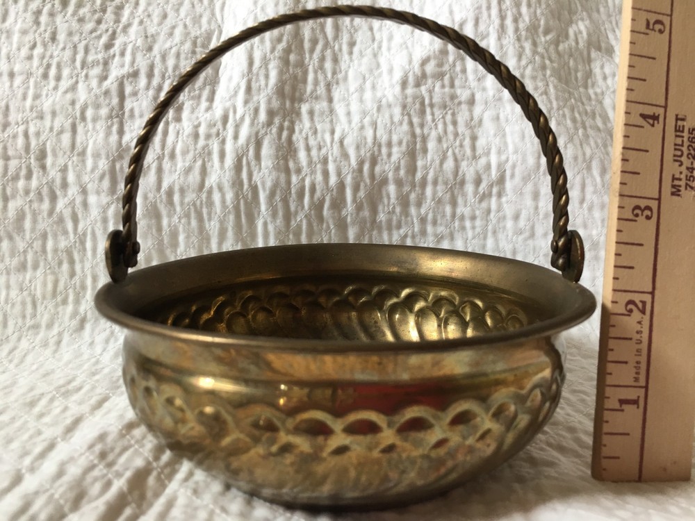 Solid Brass Small Basket with Rope Handle 5 1/4"