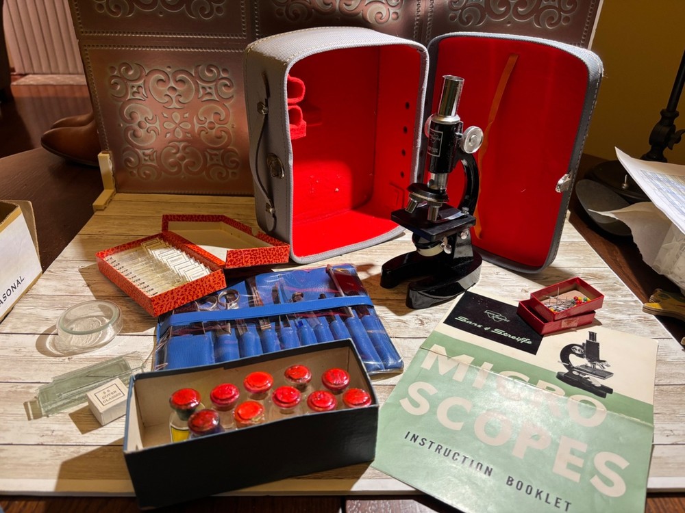 Vintage Sans & Steiffe Microcscope with case, tools and asst slides