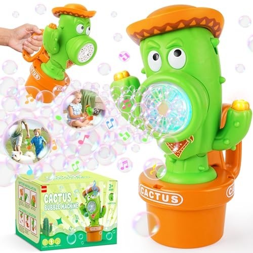 Automatic Cactus Bubble Machine with Music & Lights - Portable Bubble Blower for