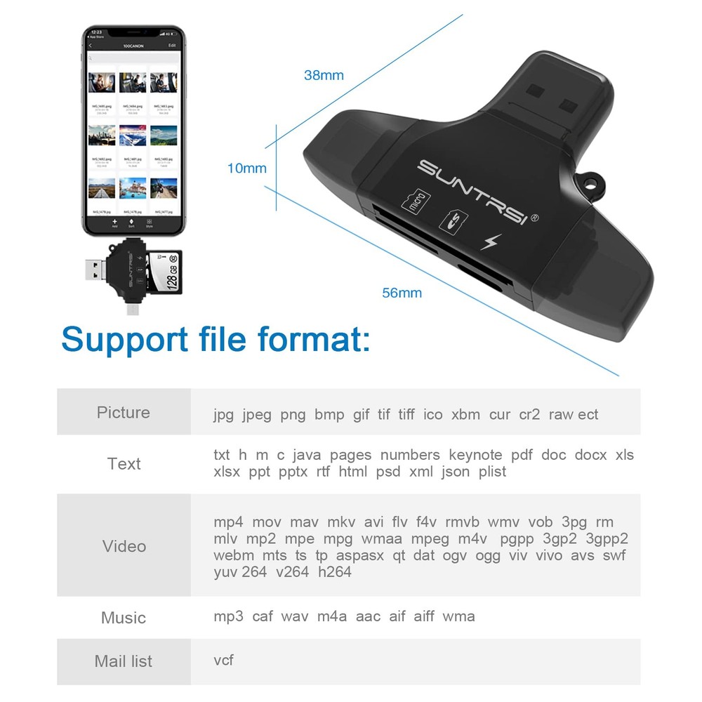4 in 1 SD Card Reader for iPhone ipad Android Mac PC Camera,Micro black