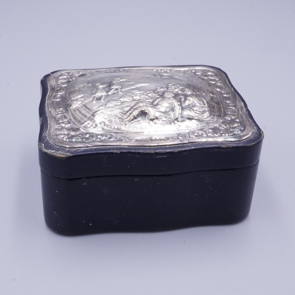 Sterling Silver Repousse Plaque Blue Leather Lined Trinket Box