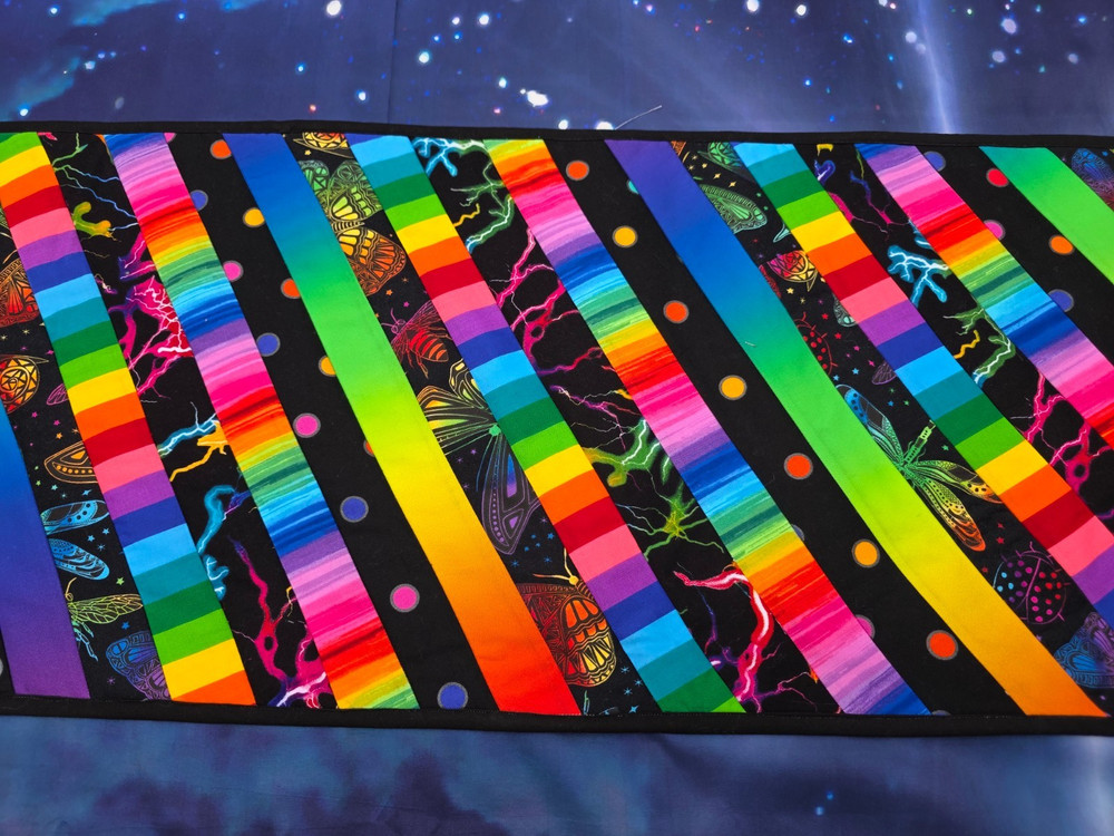 Handmade Quilted Table Runner RAINBOW STRIP STRIPES POLKA DOTS BRIGHT LIGHTNING