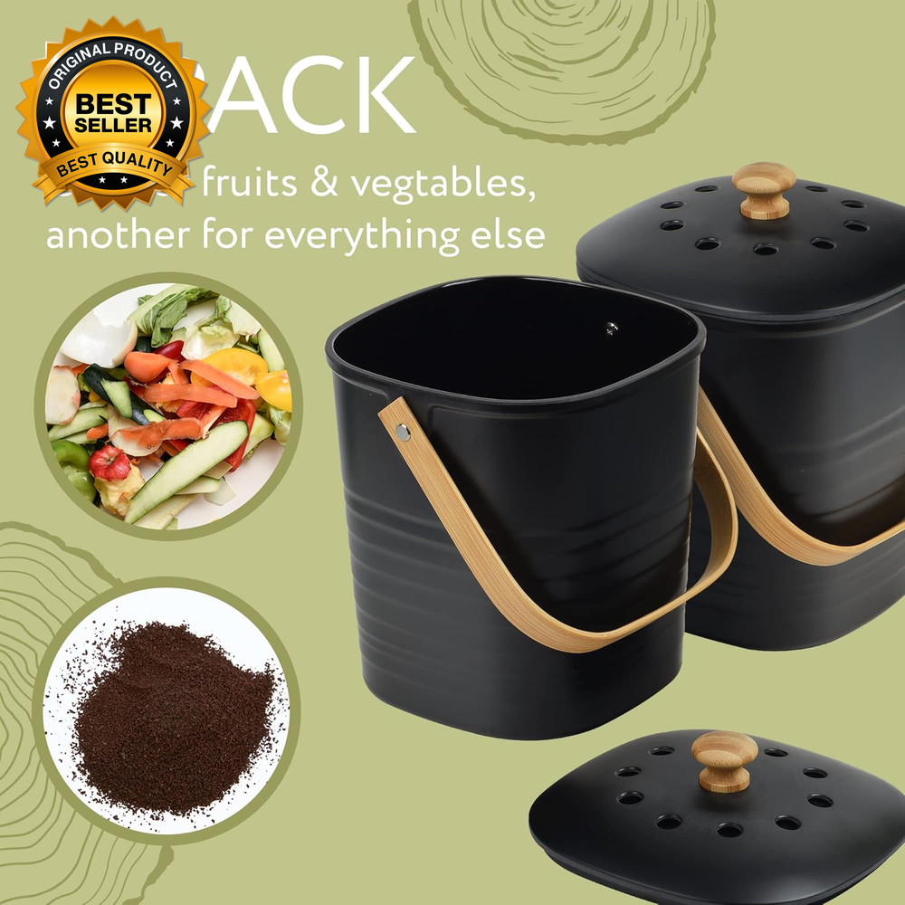 2 Pack Bamboo Compost Bin for Kitchen – 1 Gallon Countertop Container with Lid