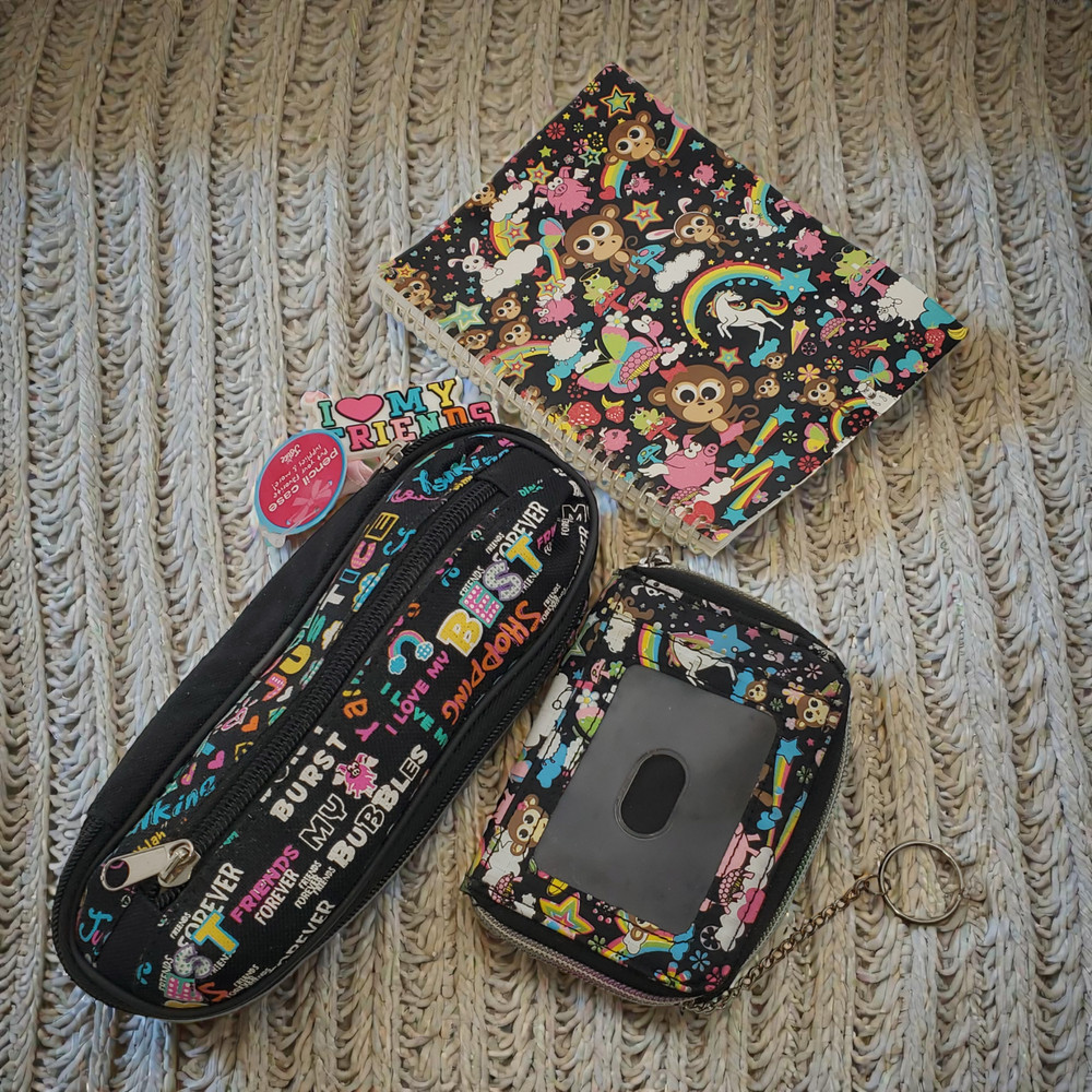 Justice 3pc Bobbie Monkey Set: Notebook, New Pencil Case & Zip Wallet