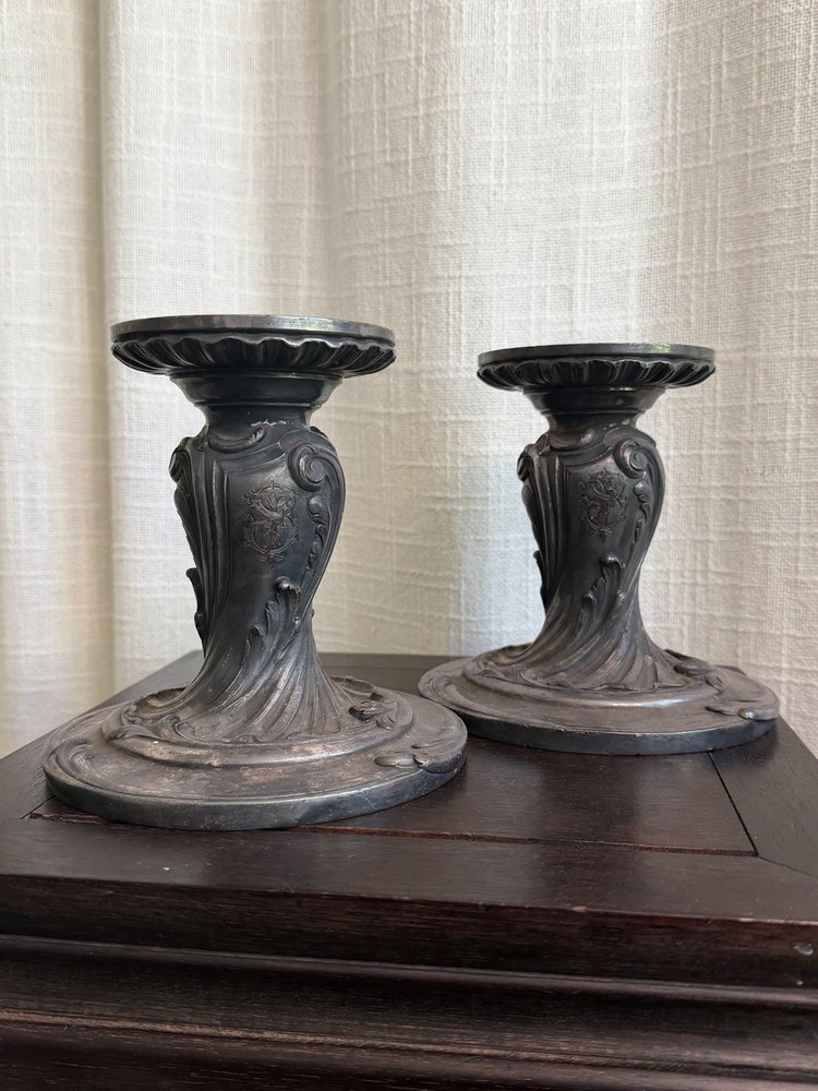 PAIR ANTIQUE CHRISTOFLE SILVERPLATE HURRICANE LAMP CANDLESTICK CANDLEHOLDERS