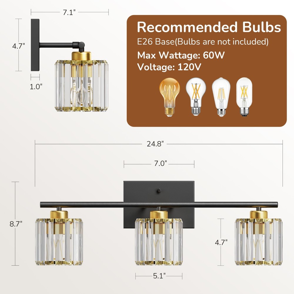 EDISHINE 3-light 24'' Bathroom Dimmable Vanity Light, E26/Medium (Standard)