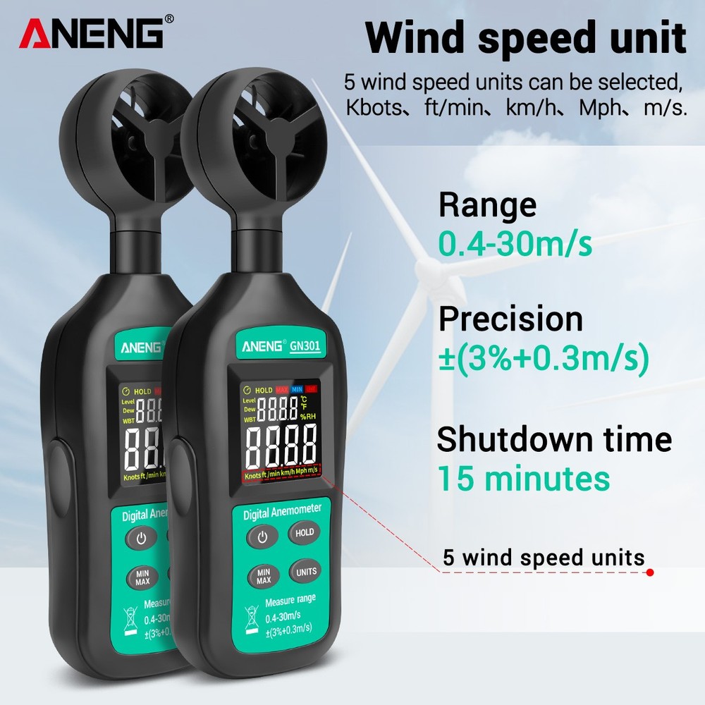 ANENG GN301 Digital Anemometer Wind Speed Meter Temperature LCD Backlight