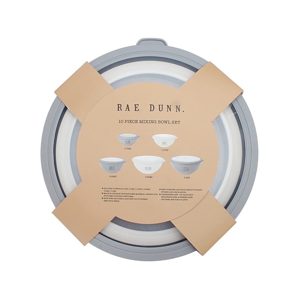 Rae Dunn Mixing Bowls with Lids - 10 Piece Plastic Nesting Bowls Set includes 5