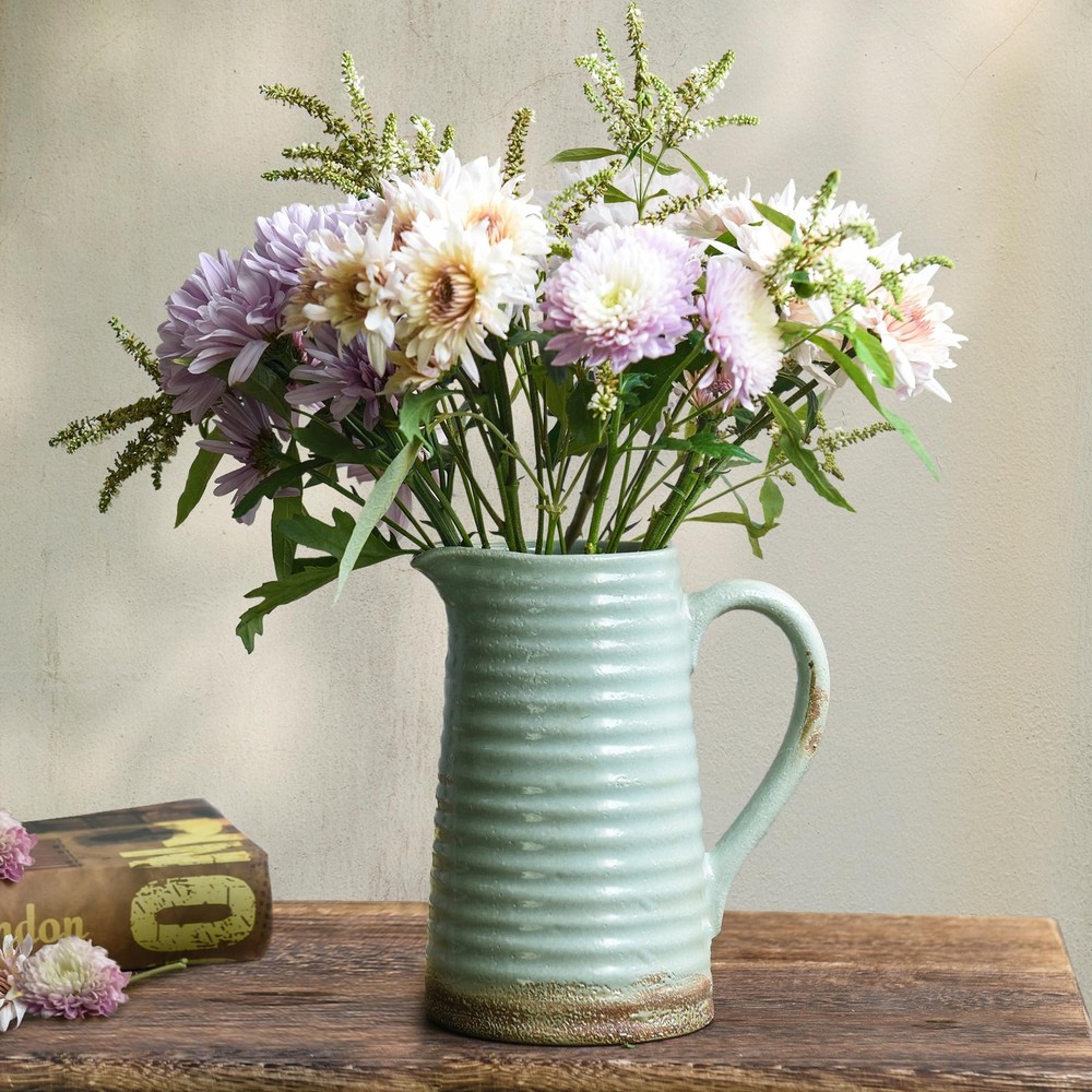 Ceramic Rustic Vase with Handle, Green Distressed Decorative Farmhouse Pitche...