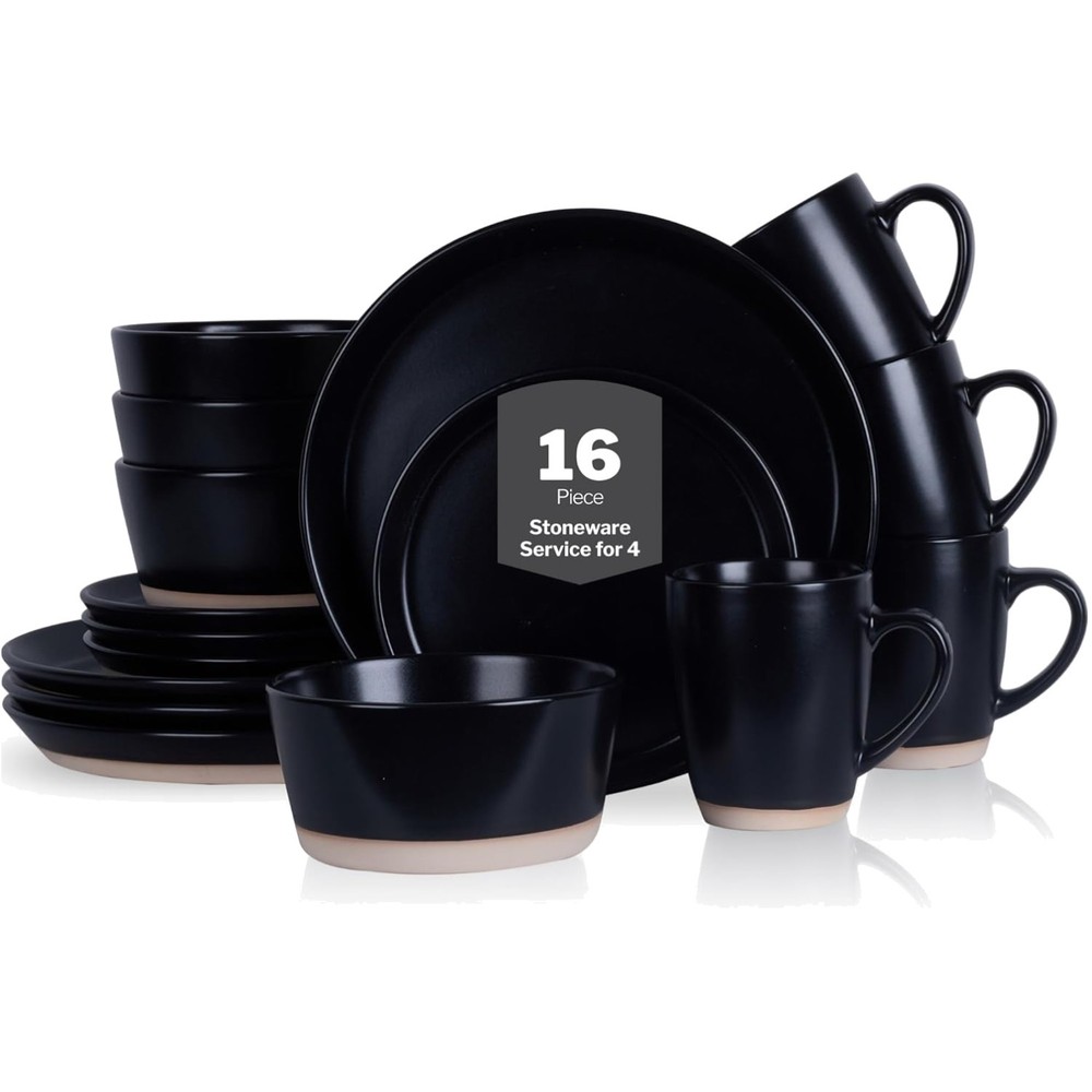 Jules 16-Piece Stoneware Dinnerware Set for 4 - Matte Black, Durable & Elegant