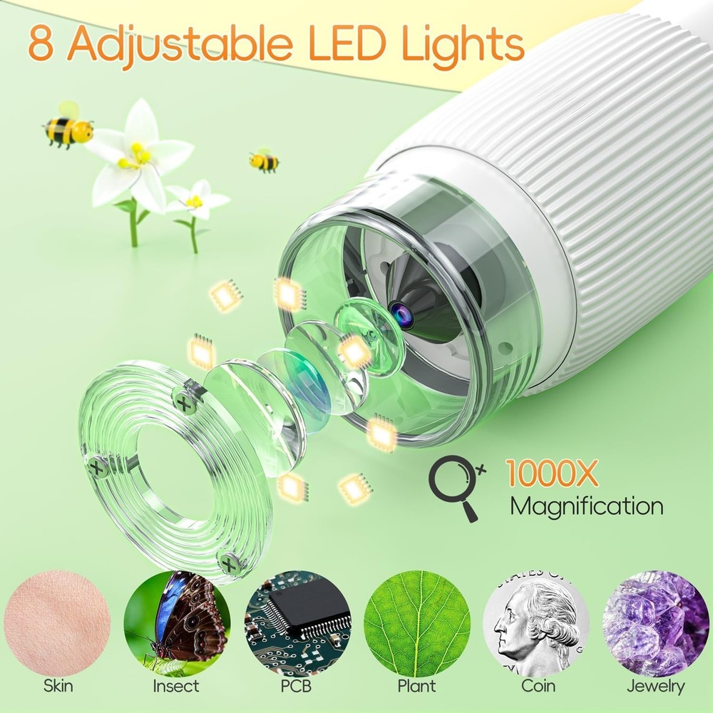 Educational Kids Microscope with 2" Display & 8 LED Lights, 1000X Magnification