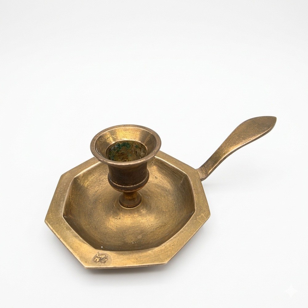 Vintage Heavy Solid Brass Chamberstick Candle Holder Octagonal Base Finger Loop