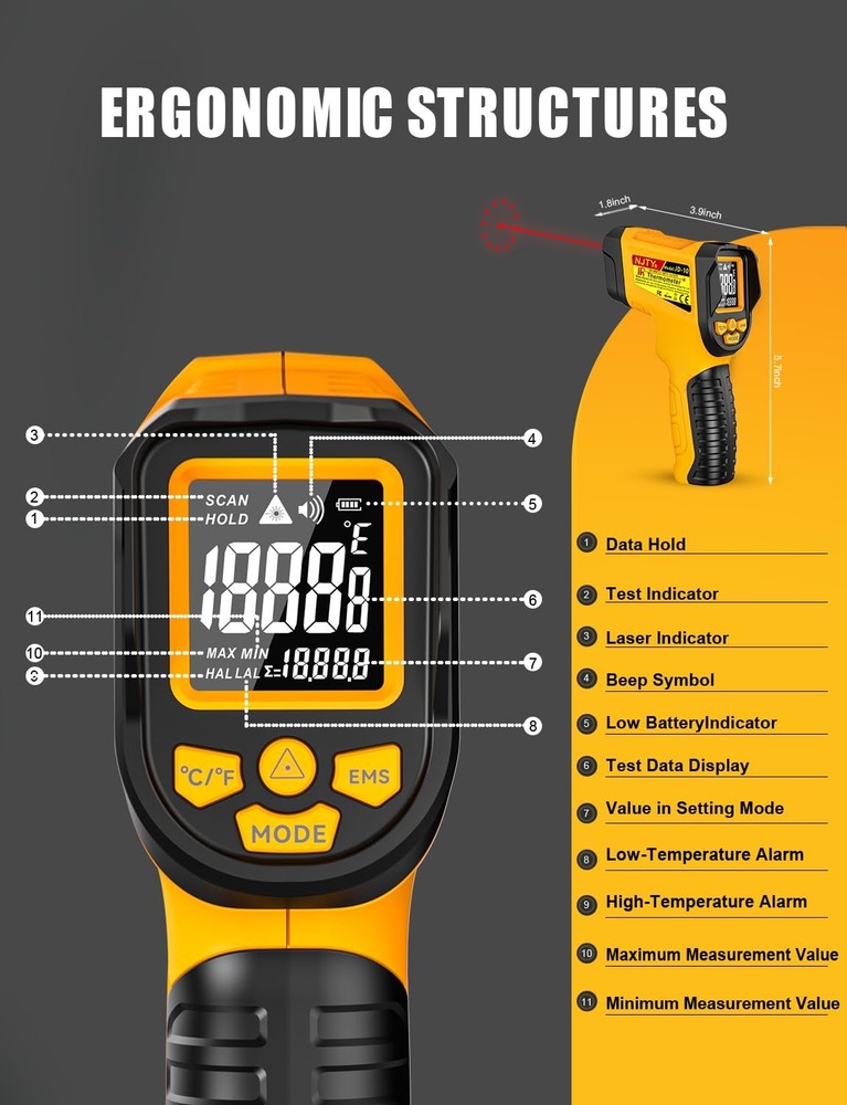Thermometer , -58℉ to 1472℉, High Precision, Non-Laser Temperature Sensor wit...