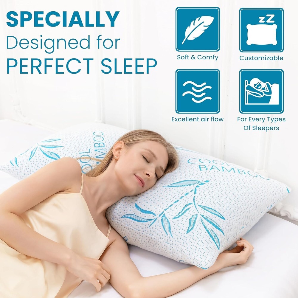 Memory Foam Pillows- Cooling Bamboo Pillows for Sleeping-Adjustable and Washable