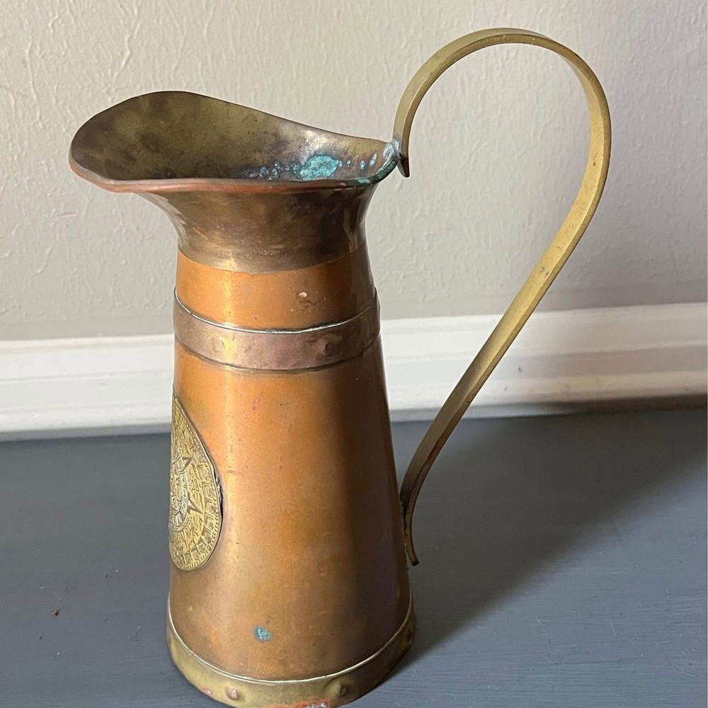 Vintage Brass and Copper Pitcher with Aztec Medallion