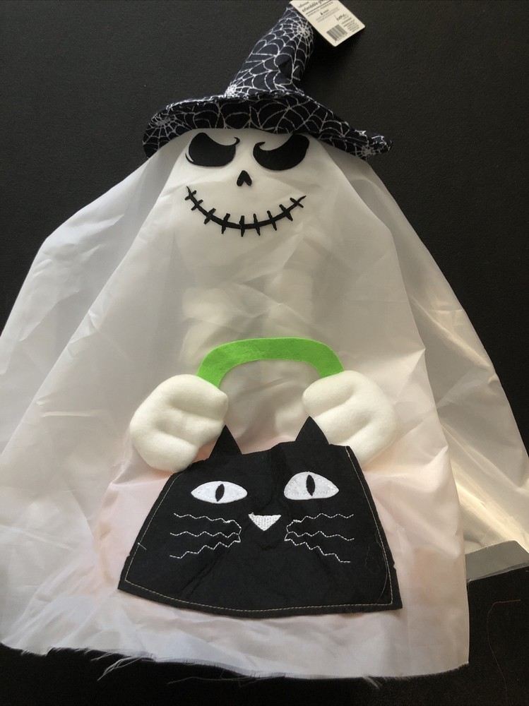 Halloween Extendable Greeter - White Skull Face Ghost with Witch Hat (32", NEW)