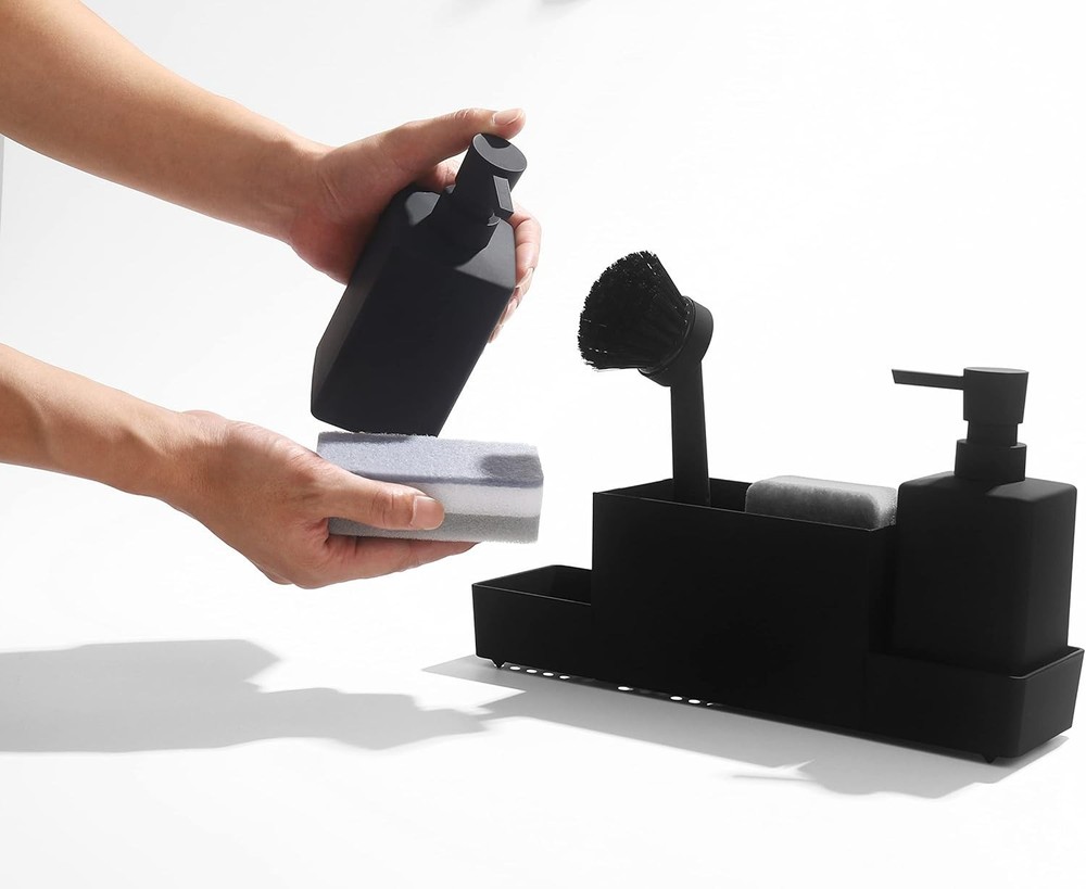 Rust-Proof Kitchen Soap Dispenser with Sponge Holder - Modern Matte Black Look