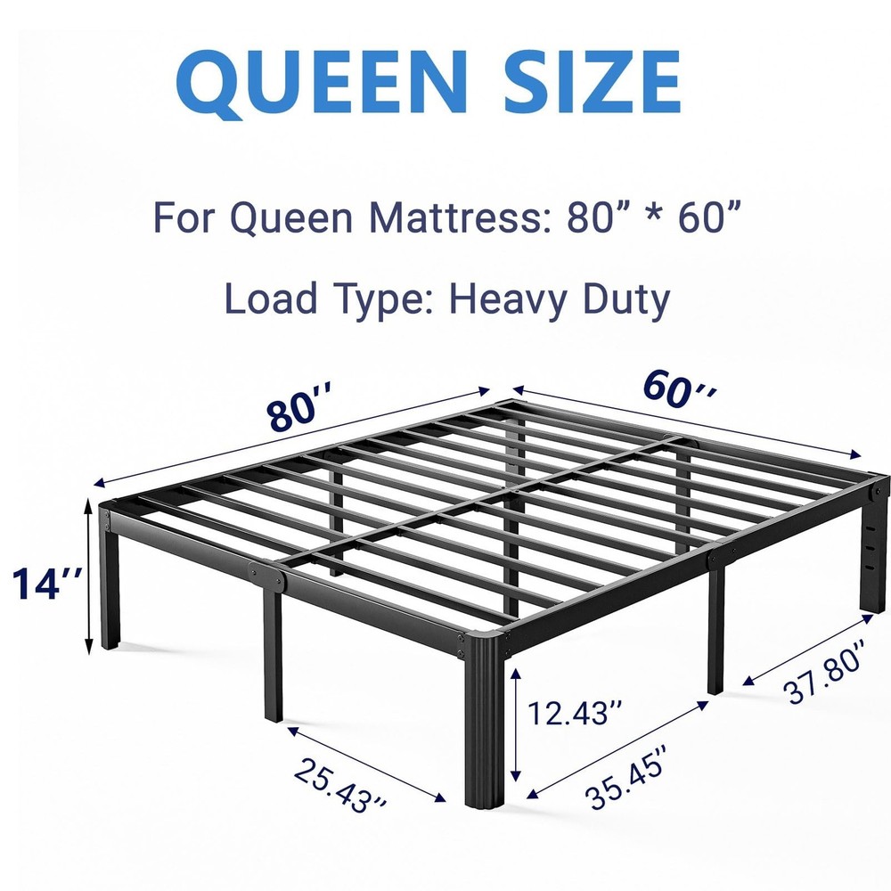 14 Inch High Platform Queen Bed Frame No Box Spring Needed, Metal Bed Frame Q...