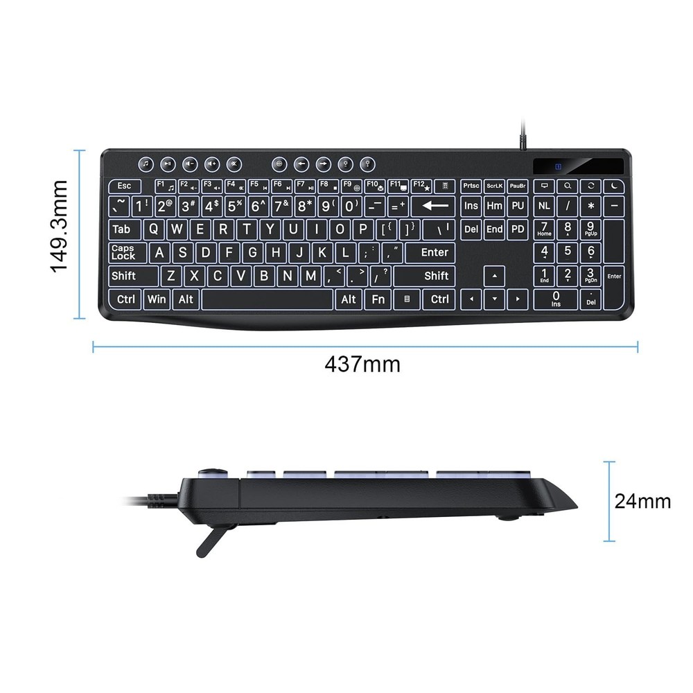 OMOTON Large Print Backlit Keyboard with Type-C and USB A Dual Interface, Wir...