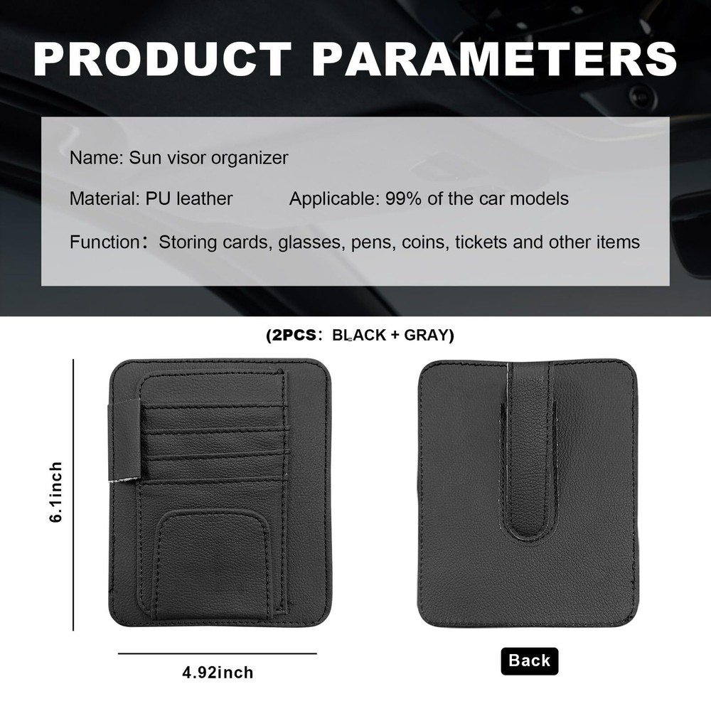 2 Pcs Small Leather Car Sun Visor Organizer Document Holder with Sunglasses Clip