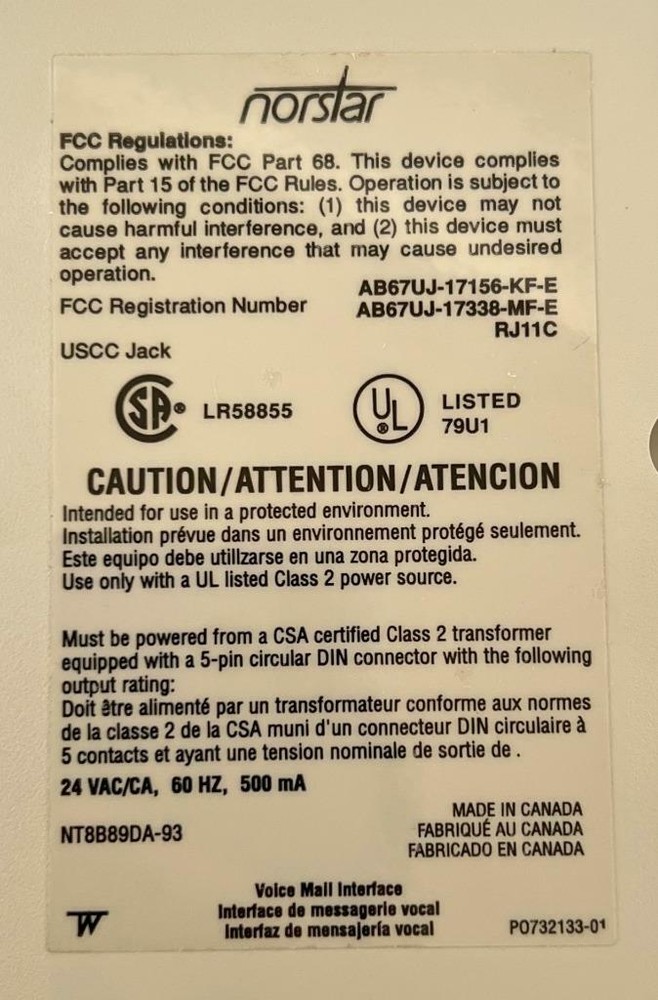 Norstar Meridian NT8B89DA-93 VMI Voicemail Interface
