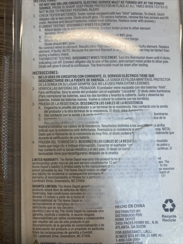 Everbilt Water Heater Continuity Tester See Notes