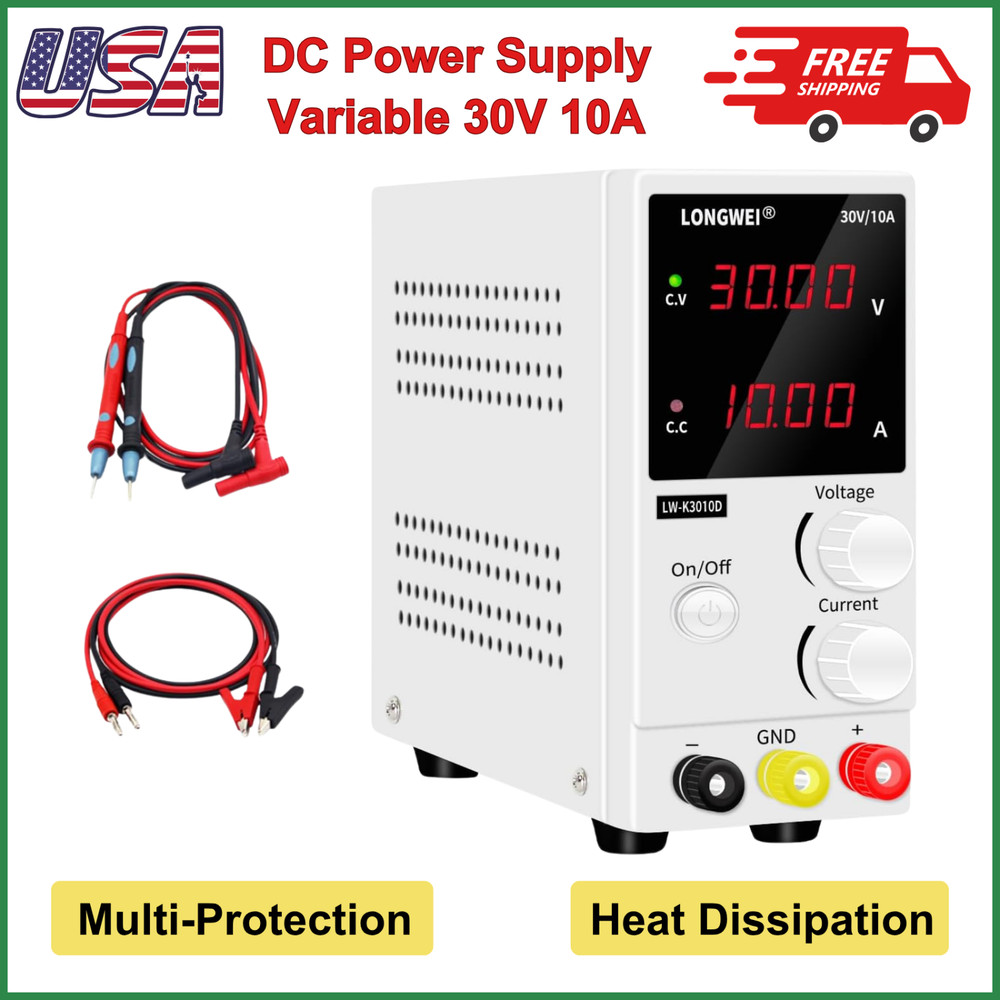 DC Power Supply Variable 30V 10A, 4-Digital LED Display, Precision Adjustable