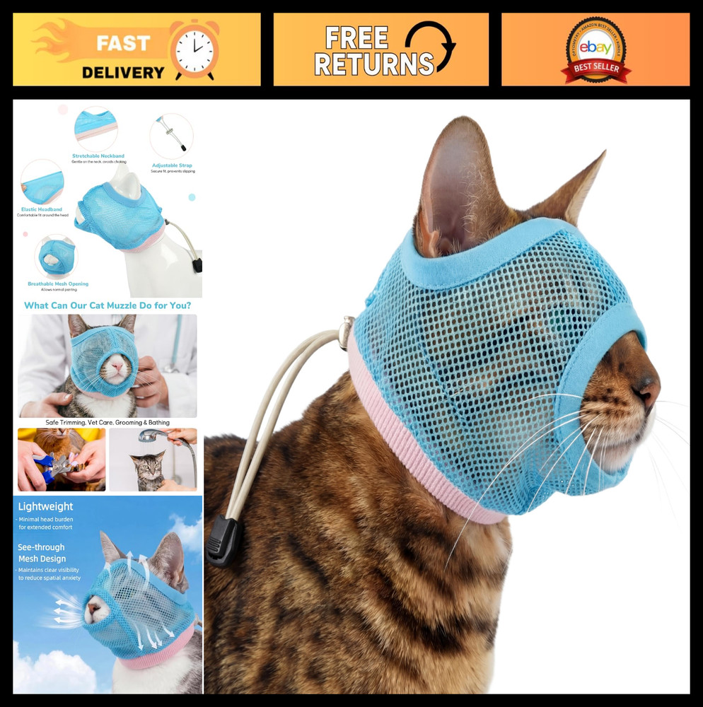 2 Pack Soft Mesh Cat Muzzle - Adjustable Calming Head Cover for Grooming, Bathin