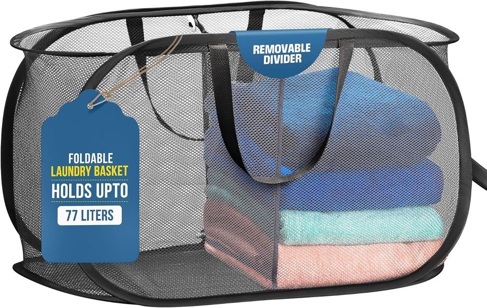 Foldable Laundry Basket - Popup and Collapsible, Durable 2-Compartment, Black
