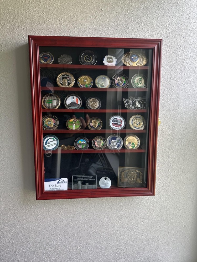 Premium Lockable Challenge Coin Display Case - Mahogany Finish, Wall Mountable