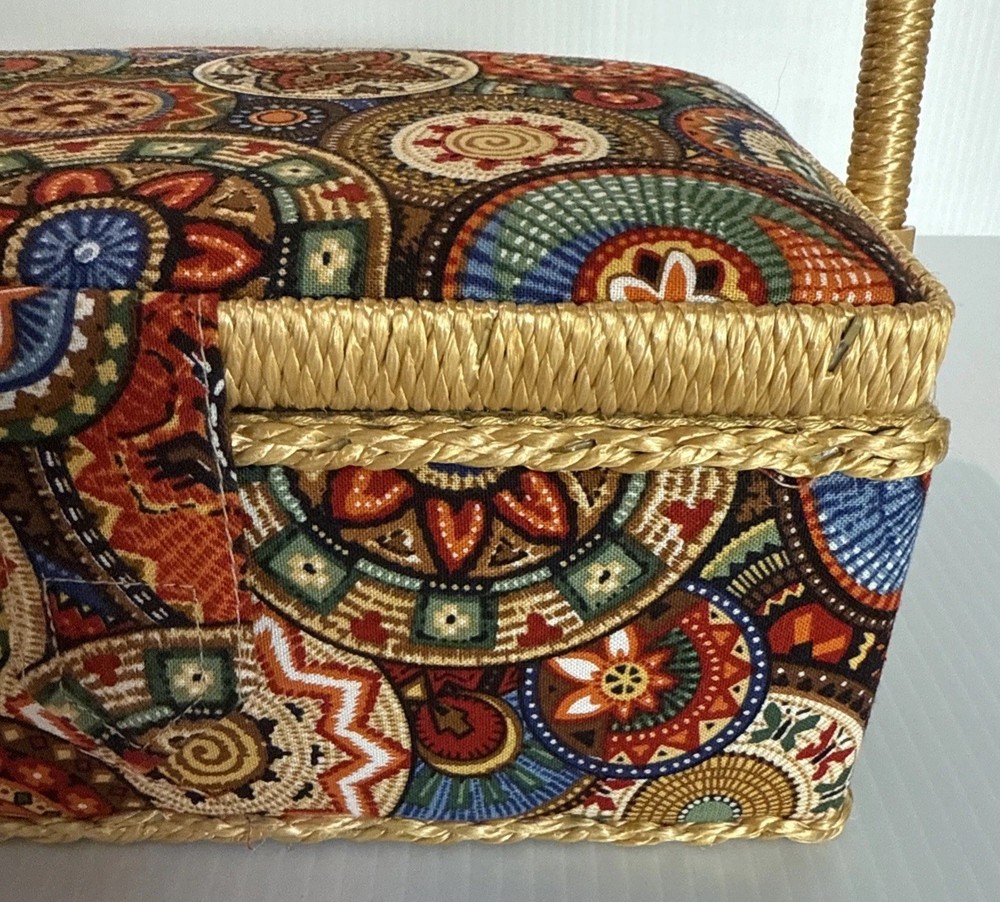 Sewing Basket Fabric Covered Rectangular Straps Handle Plastic Insert
