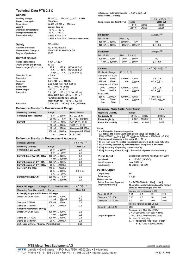 MTE PTS 2.3 C Three Phase Fully Automatic Test System/Current Source-Reference