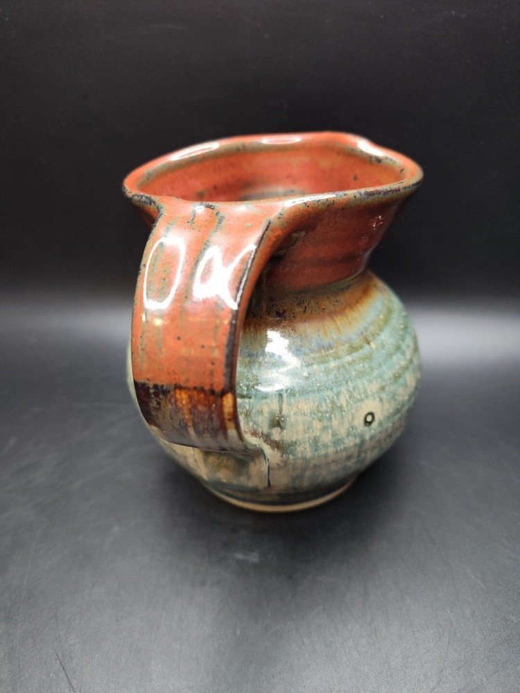 Studio Art Pottery Pitcher Signed Green Blue Rust Glaze Handmade 4.5"H