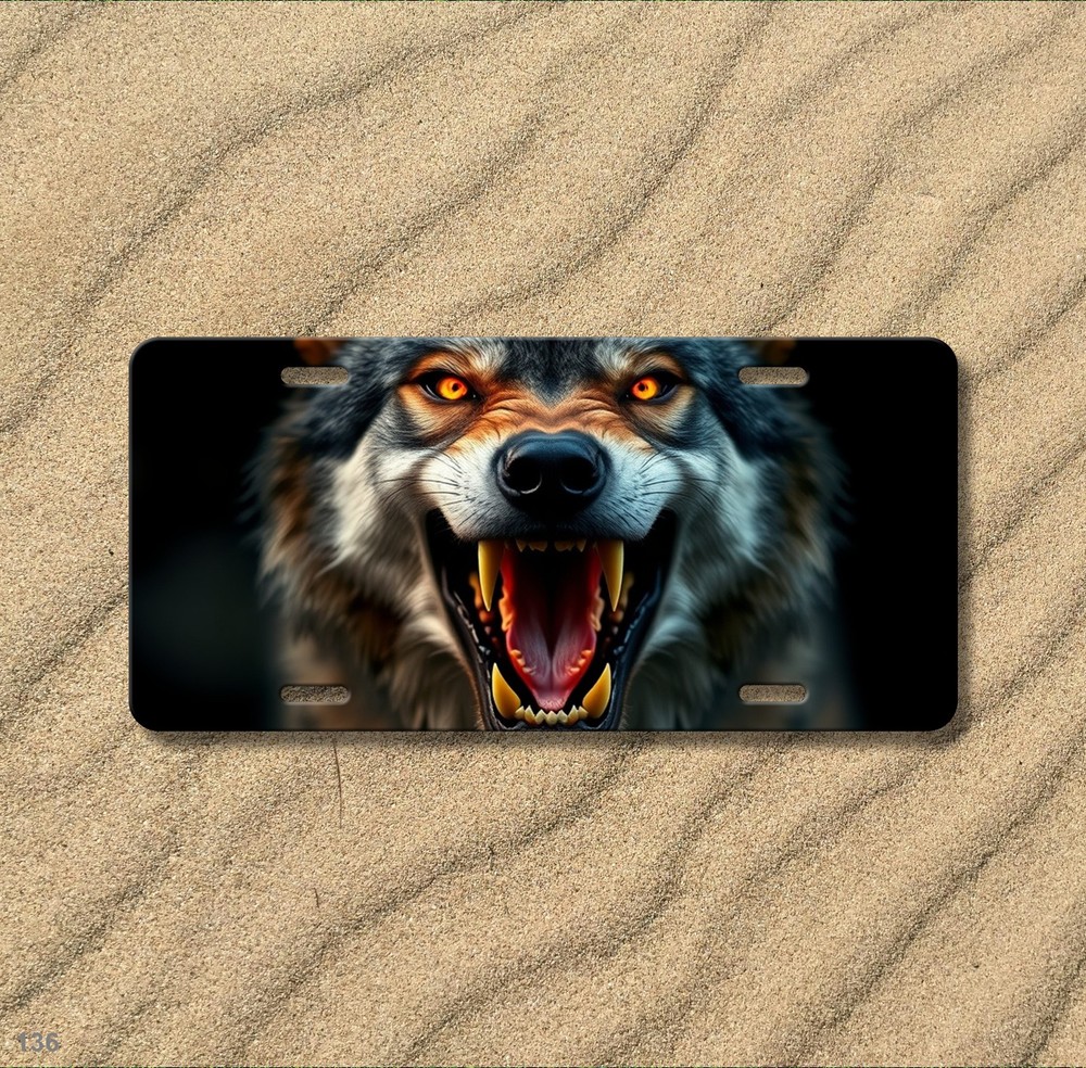 Aggressive Wolf License Plate with Sharp Teeth Optional Text Decorative Plate Bi