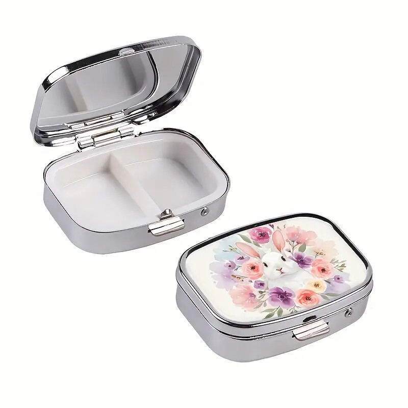 Pink Floral Rabbit Design Metal Pill Box - 2 Compartment Portable Size