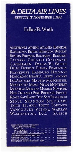 Delta Air Lines Dallas / Ft Worth Texas Time Table 1994 Schedule