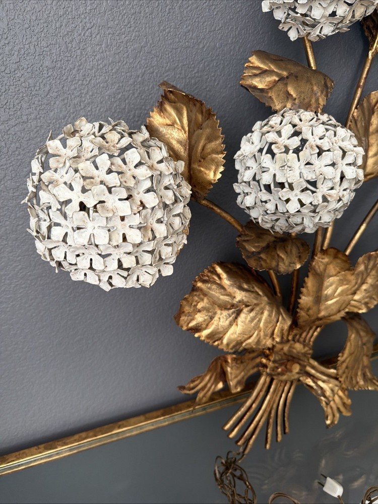 1950s Hydrangea Wall Light gilded brass with white enamel hydrangeas