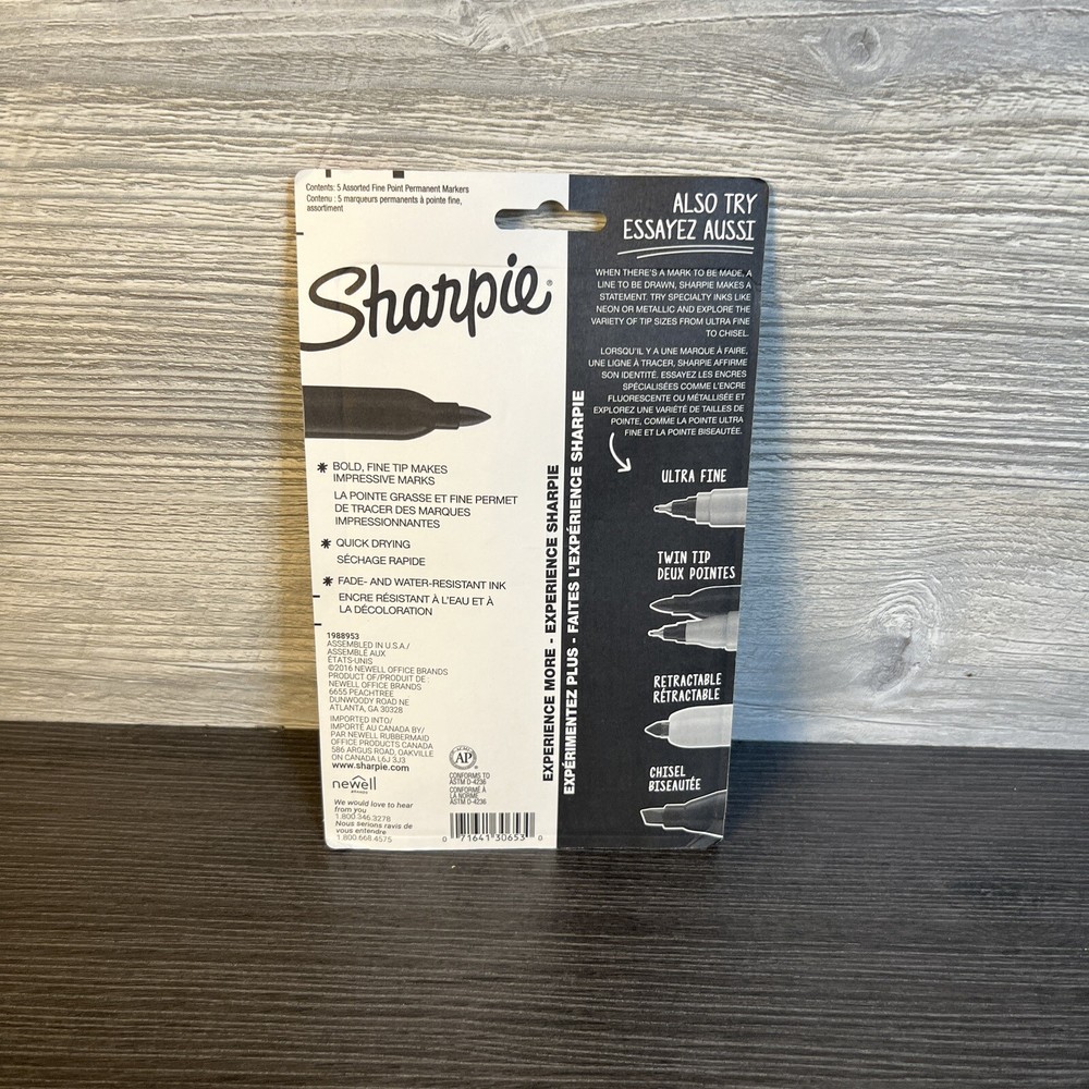 Sharpie Permanent Fine-Point Markers, Assorted Colors Pack Of 5