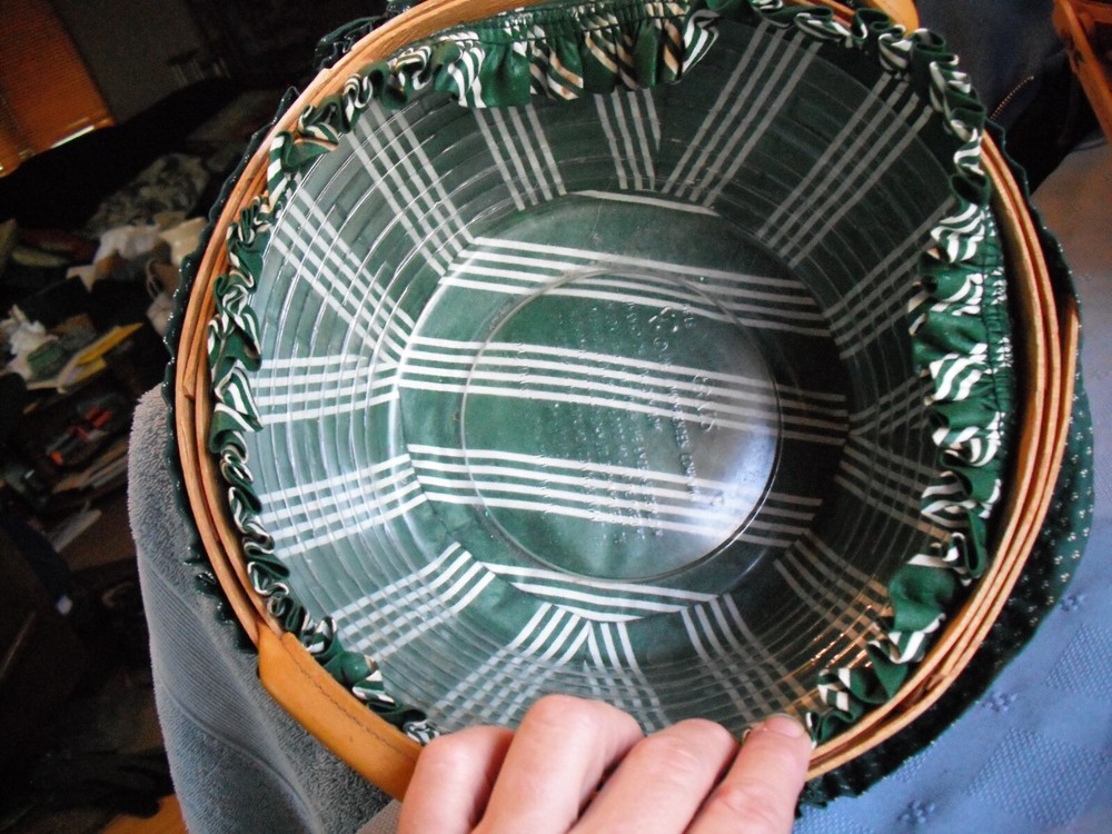 Longaberger Brown White & Green Double Handle Round Basket