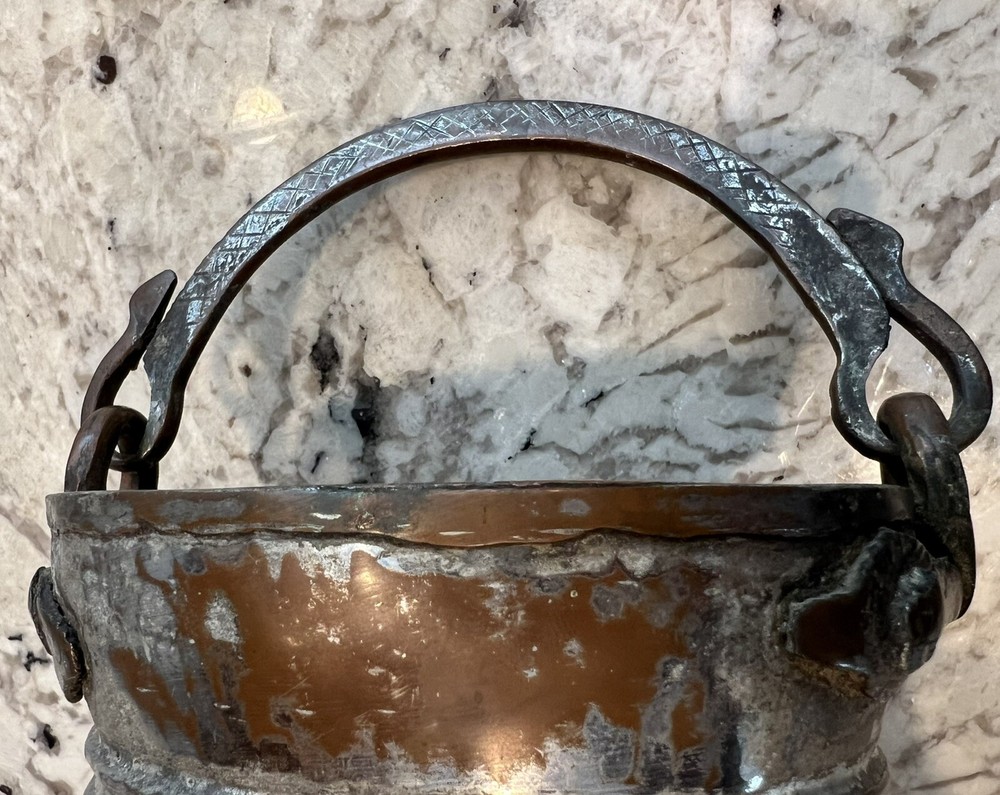Vintage Copper (& Iron?) Pot Cauldron with Swinging Handle Hammered