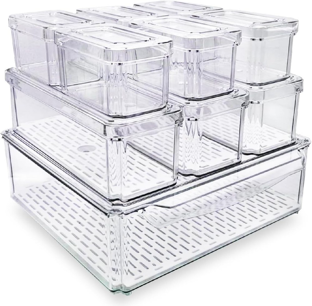 10-Pack Clear Fridge Organizer Bins W/ Lids & Drainage Holes Stackable Container