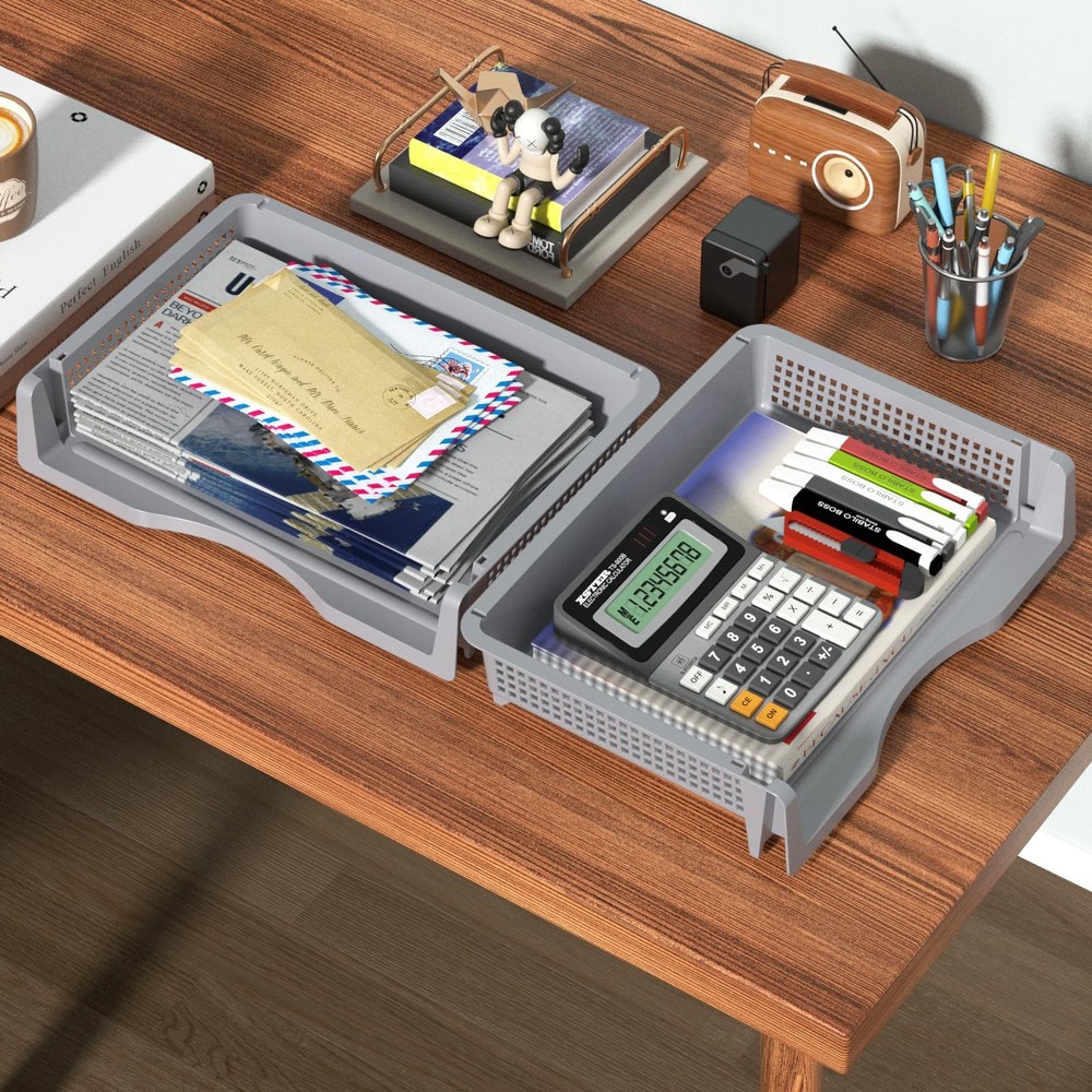 6 Pack Office Desk Tray Organizer Stackable Paper Grey Letter Tray