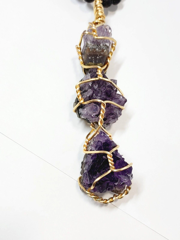 Lava Beaded Necklace With Wire Wrapped Amethyst