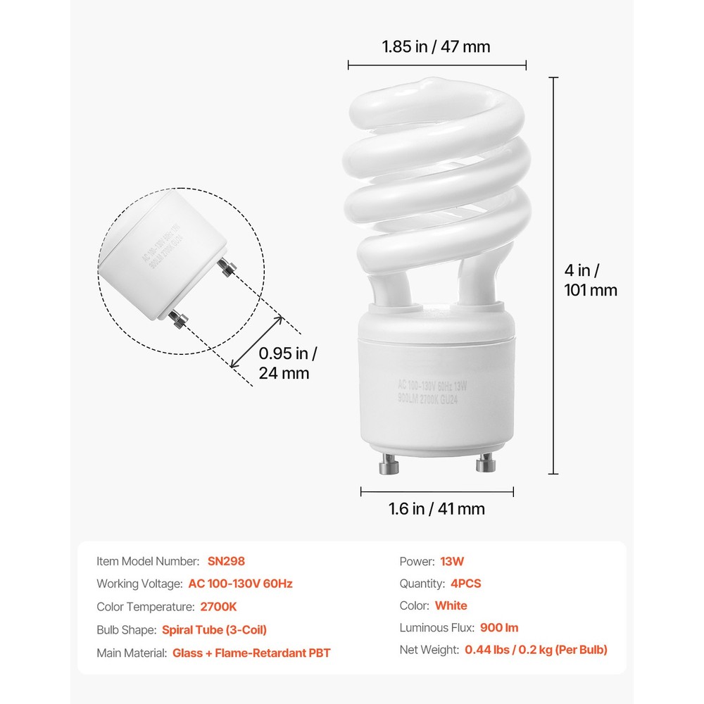 4-Pack CFL Light Bulbs 13W Compact Fluorescent Bulbs with 2700K Warm Light