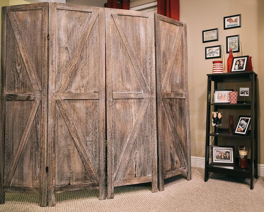 4-Panel Folding Privacy Screen - Rustic Barn Door Style, Portable Design